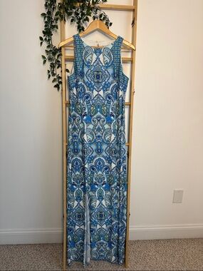 London Times Blue, White & Green Sleeveless Paisley Print Maxi Dress Size 10